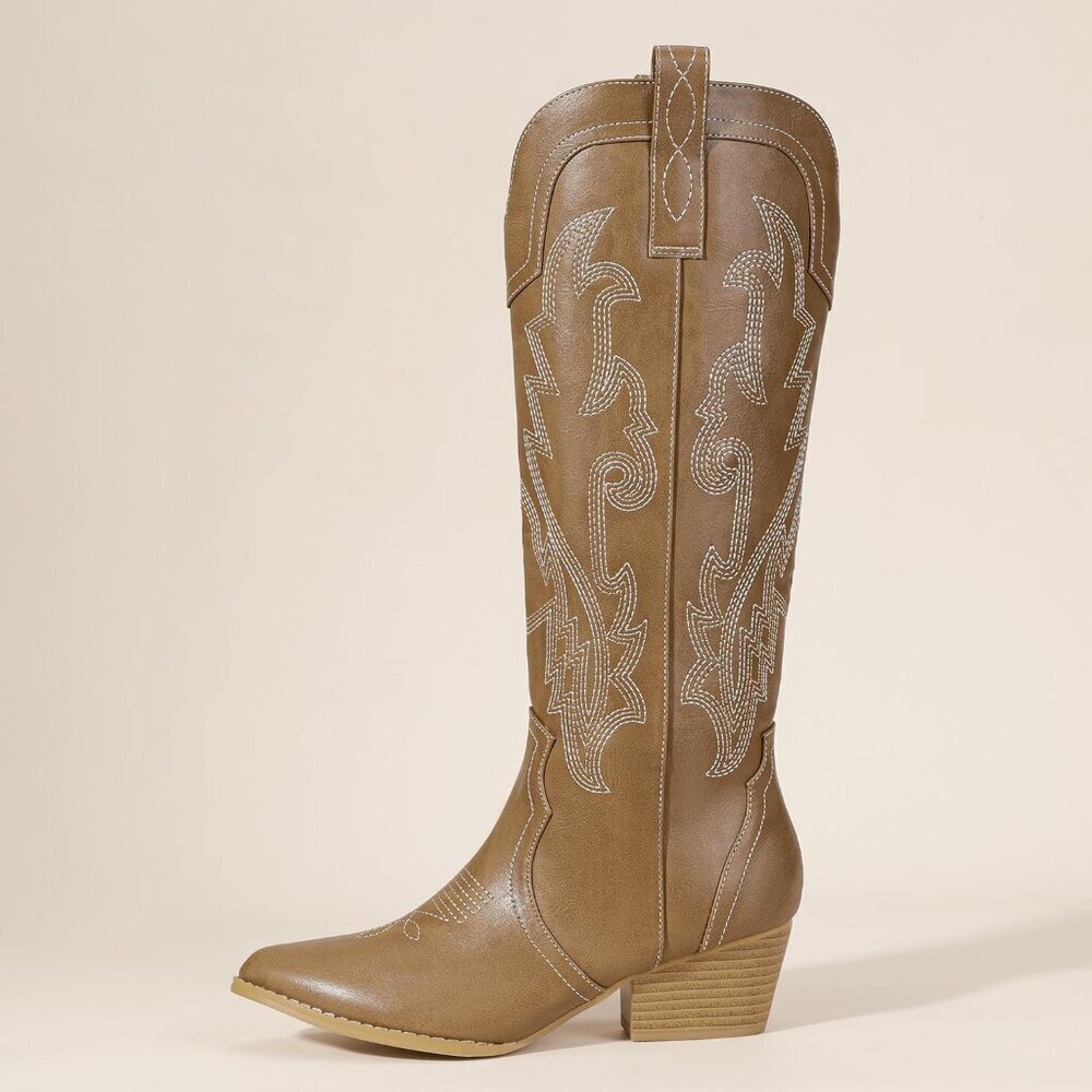 Women's Tan Cowgirl Knee High Western Tall Boot Chunky Low Pointed Toe Booties - Picture 5 of 6